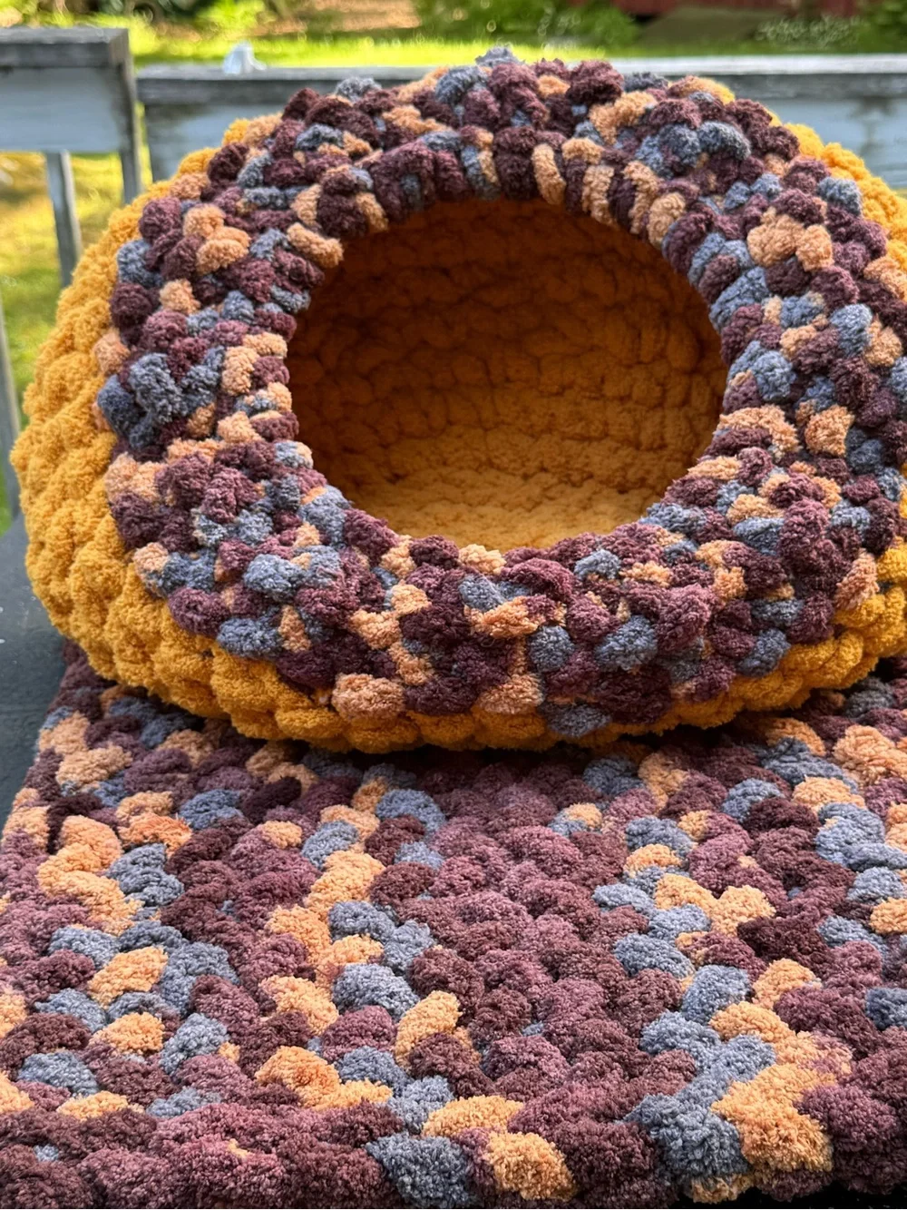 Cozy Plush Cat Cave & Mat in Mustard, Brown & Gray